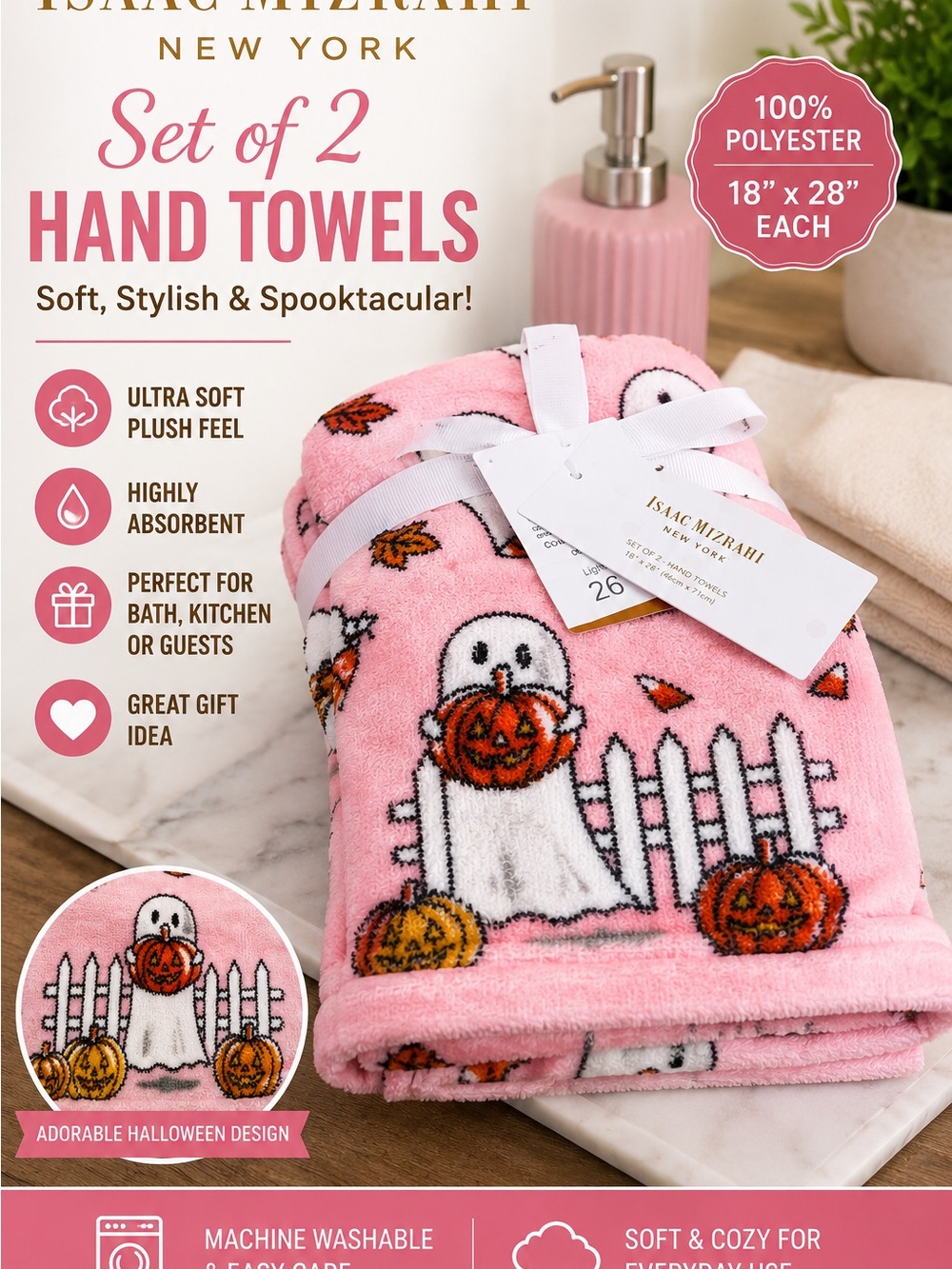 Isaac Mizrahi Pink Halloween Ghost & Pumpkin Hand Towels - Set of 2